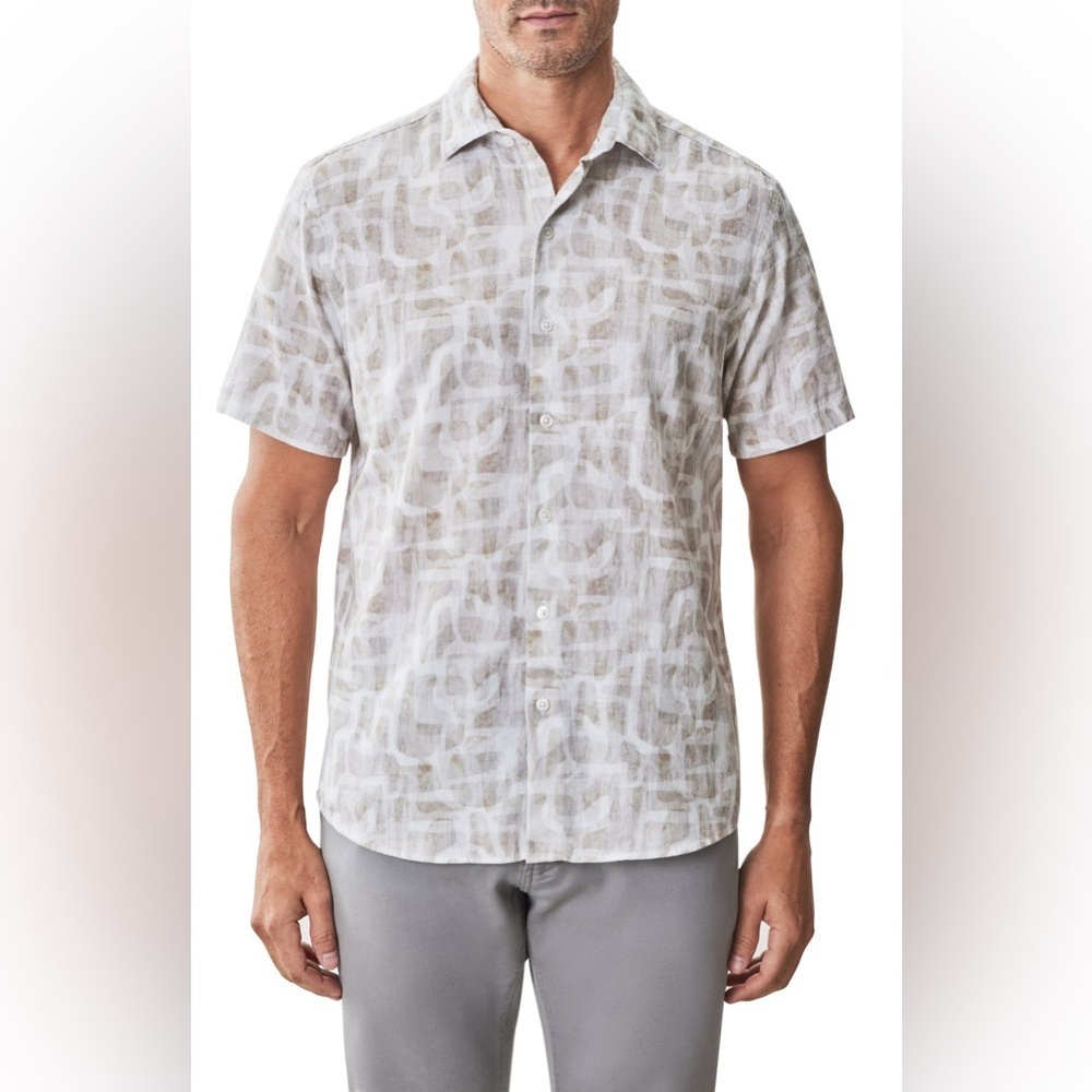 Robert Barakett Steinway Short Sleeve Cotton & Linen Button-Up Shirt Size XL
